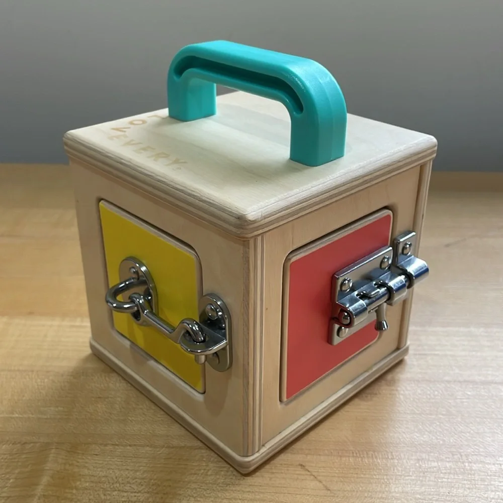 Wooden Lock Box Activity Cube with Teal Handle - Kids Puzzles & Games